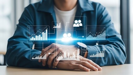 Businessman analyzing data and statistics on a futuristic interface