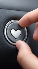 Close-up of a finger pressing a heart-shaped push start button inside a car, symbolizing love, technology, driving experience and modern vehicle control concept.