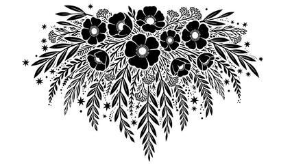 Black and white floral illustration with leaves and flowers