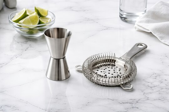 High quality cocktail mixing tools including a jigger and strainer next to fresh lime slices on a marble countertop creating an elegant bar atmosphere for inspired mixology