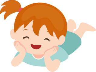 A cute flat cartoon illustration of a smiling little girl lying on her stomach with her chin resting on her hands, wearing a teal outfit