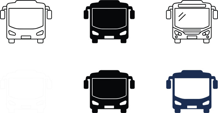Modern city bus icon set with front view outline and silhouette designs for public transportation transit and travel logistics web.