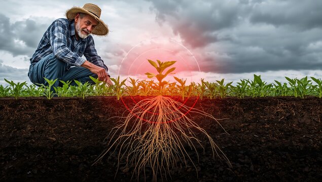 Farmer kneeling in field, planting corn with roots and sunlight