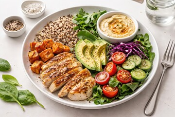 Nutritious plate featuring grilled chicken slices, quinoa, vibrant vegetables, and creamy hummus, emphasizing health, freshness, and well balanced cuisine