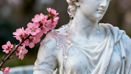 Classic marble of a woman with pink cherry blossoms being bathed in viscous liquid
