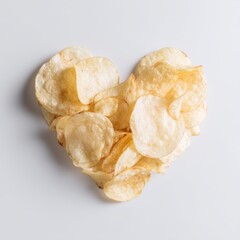 Crispy Potato Chips Arranged in Heart Shape on White Background for Snack Lovers and Food Enthusiasts
