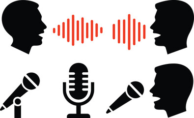 Voice Communication and Microphone Icons Showing Speech, Audio Recording, Podcasting, and Sound Wave Interaction Concept