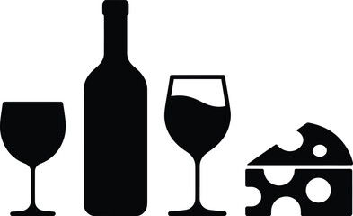 Wine Bottle, Glasses, and Cheese Silhouette Icons Representing Wine Tasting, Gourmet Food, and Restaurant Concept