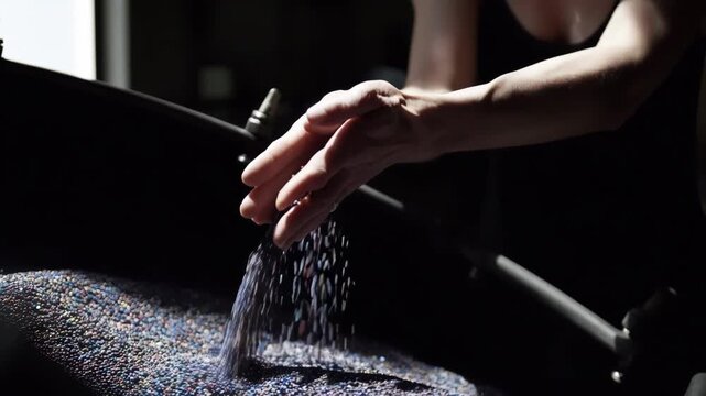 Medium shot of hands examining recycled vinyl pellets before pressing into records highlighting ecoconscious music manufacturing.