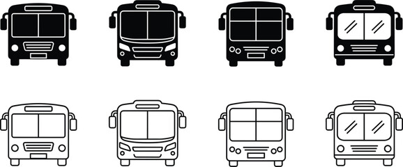 Professional city bus icon set featuring front view minimalist solid black and outline public transit vehicle design elements © pappa