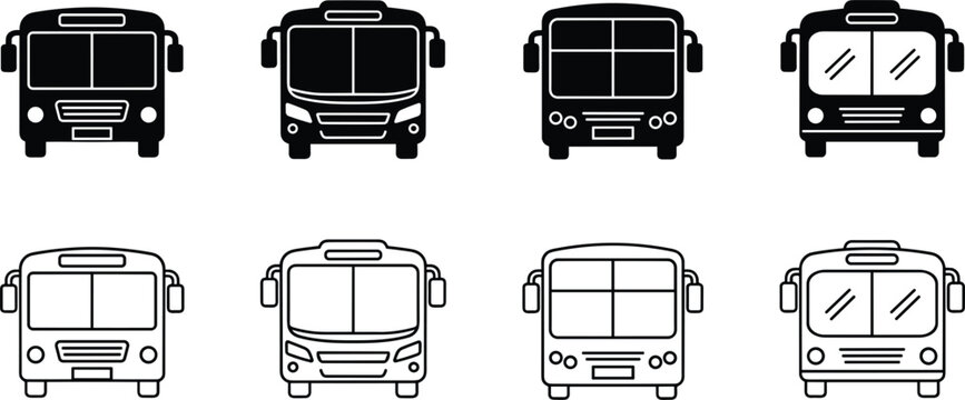Professional city bus icon set featuring front view minimalist solid black and outline public transit vehicle design elements