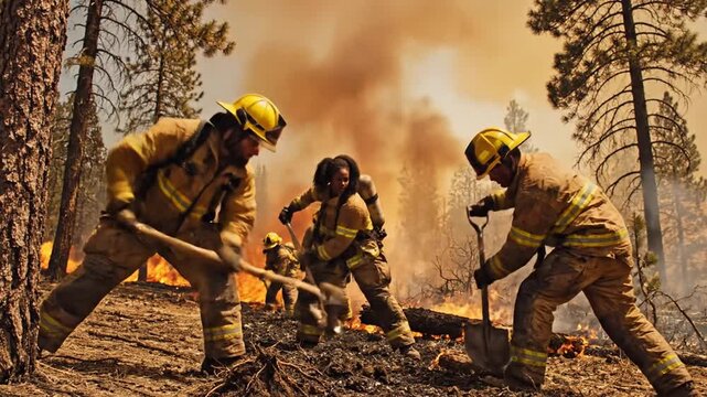 Firefighters Battling Wildfire in Forest, Creating Firebreak with Shovels