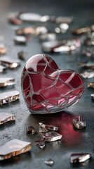 Shattered glass heart ornament lying on dark surface with broken fragments around it. Concept of emotional fracture, inner vulnerability and painful relationship damage