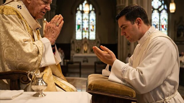 Ordination ceremony with older man anointing young mans hands and both praying in church footage