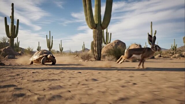 Tortoise and Jackrabbit Racing Through the Hot Dry Desert Landscape