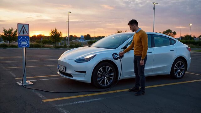 Man charging electric car at parking lot