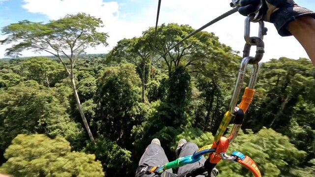 First-person view of ziplining through a lush green tropical rainforest canopy
