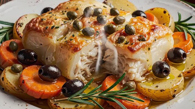 Baked Cod with Vegetables - A close-up of a baked cod fillet topped with capers served on a plate with roasted potatoes, carrots, and olives. Rosemary sprigs are used as garnish.