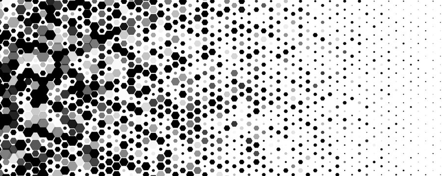 Hexagon Halftone Background, Monochrome Honeycomb And Dots On White With Right Copy Space, Modern Tech Gradient For Banners, Posters, Web And Print. Vector Illustration