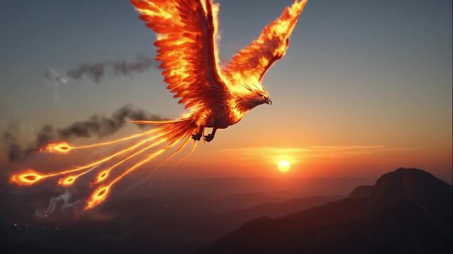 Majestic Phoenix Fire Bird Flying Over Mountains at Sunset Fantasy Art