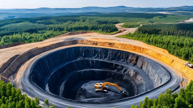 Aerial view of an open pit mine with an excavator digging coal, showcasing large scale earth moving for industrial mining footage