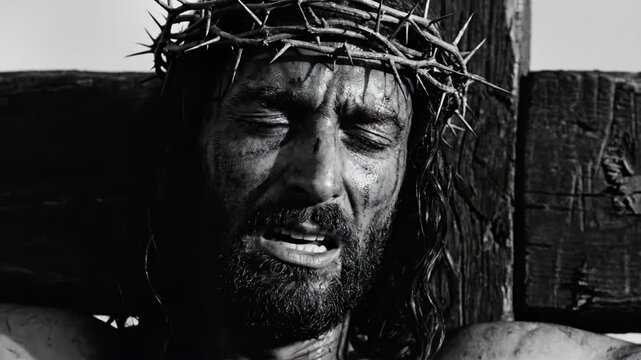 Man portraying Jesus Christ on the cross wearing a crown of thorns, close up on his suffering face, crucifixion footage