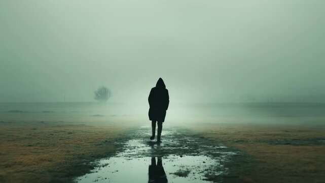 Isolated figure wandering through thick mist on a desolate, damp expanse. Shadow reflects in still water, revealing a profound sense of aloneness and quiet melancholy.