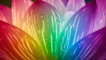 Vibrant Rainbow Lotus Flower Petals with Glowing Veins and Water Drops, Ethereal Nature Beauty