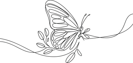 Butterfly line art, minimalist nature sketch, continuous drawing style, elegant insect illustration, botanical branch design, modern wall decor © Creative Art