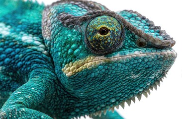 Fototapeta premium Close up of a colorful chameleon with detailed scales on a white background