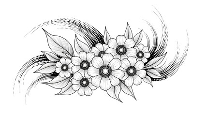Black and white floral illustration with leaves and swirling lines