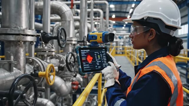 Industrial Worker Using Thermal Imaging Tablet - A female engineer in a hard hat and safety glasses is using a thermal imaging tablet to inspect pipes in an industrial setting.