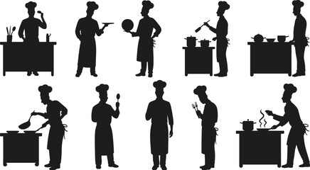 Chef silhouette set, black cooking activity icons, culinary task illustration, kitchen staff poses, food preparation graphic, apron and hat