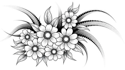 Black and White Floral Illustration with Dotted Leaves