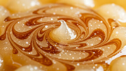 Macro close-up of sweet golden honey and rich caramel sauce swirling together for a delicious texture