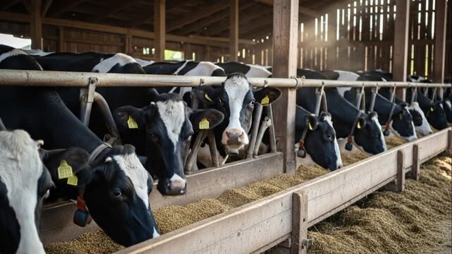 Holstein Dairy Cows Eating Feed Inside a Large Farm Barn