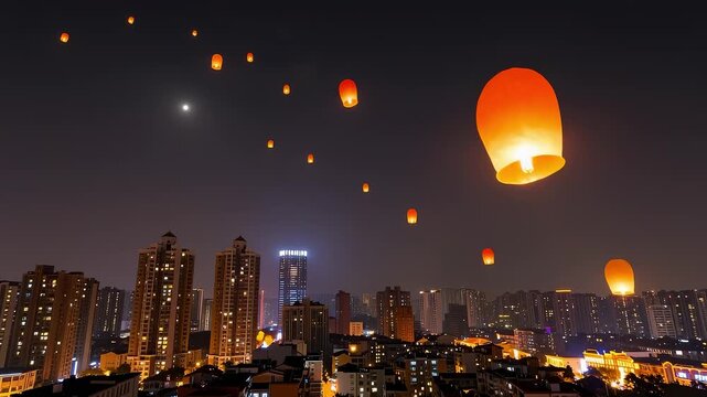 Sky lanterns flying over city buildings at night during Spring Festival