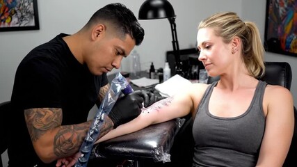 Artist Sells NFT to Client in Studio Using Tablet and Phone. A tattoo artist inks a design on a woman's arm in a modern studio during a video session - Powered by Adobe