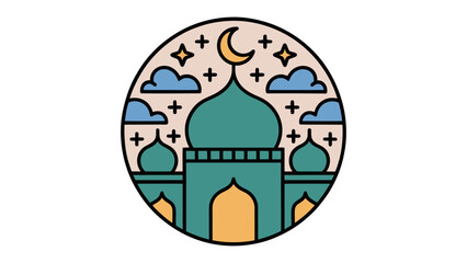 Obraz premium Emblem of Faith and Serenity: A beautifully crafted emblem showcases a mosque, symbolizing a beacon of faith, nestled beneath a crescent moon and stars, within a serene circular frame.