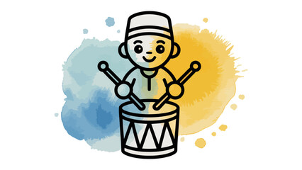 Harmonious Beats: A cartoon character joyfully plays a traditional drum, bringing rhythm and cheer to life, underscored by vibrant watercolor splashes.