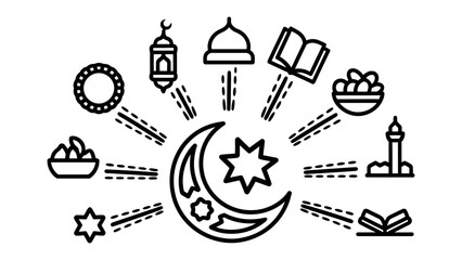Ramadan Symbolic: A cluster of elegant icons, embodying the spirit and essence of Ramadan, radiate from a central crescent moon and star.