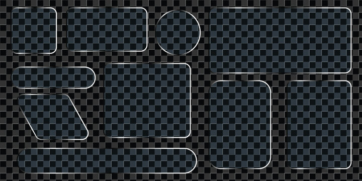 Modern Liquid glass morphism UI element set with frosted glass effect on dark grid. Transparent vector buttons, cards and panels for futuristic mobile app or web interface. glass banner, glass button.