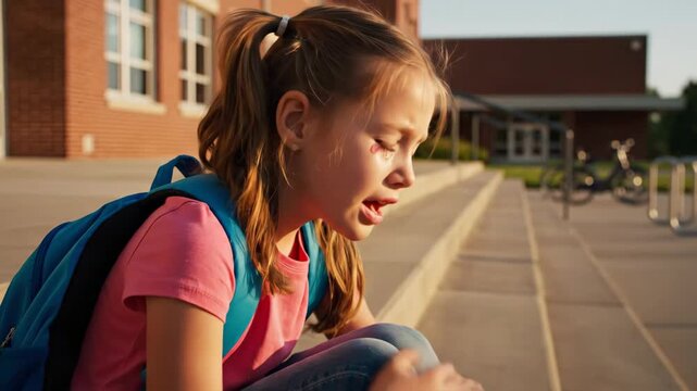 Sad Girl on School Steps - A young girl with a backpack sits on the steps of a school building looking distressed. She has tears on her face and is nervously biting her nails.