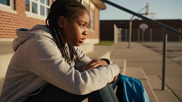 Sad Student Sitting on School Steps - A young Black student sits on the steps of a school building with their head in their arms, appearing sad or stressed.