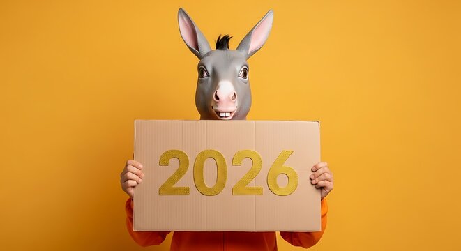 Person in donkey mask holding sign with 2026 year on yellow background