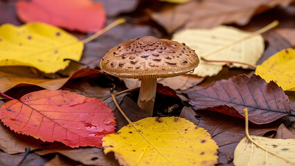 Detailed close-up of a wild mushroom on the forest floor amidst colorful autumn leaves and dew drops