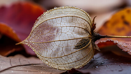 Intricate physalis skeleton pod adorned with sparkling dewdrops amidst vibrant autumn leaves