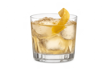 Whiskey cocktail with ice and orange peel garnish