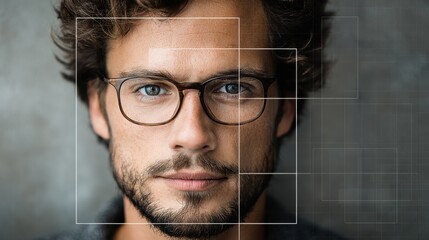 A handsome man with glasses is shown in close-up, framed by an ai-generated grid that highlights facial features, with white grid lines for facial recognition technology.

