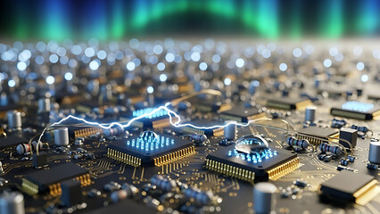 Advanced computing infrastructure with electrical currents connecting processors on a high-tech motherboard